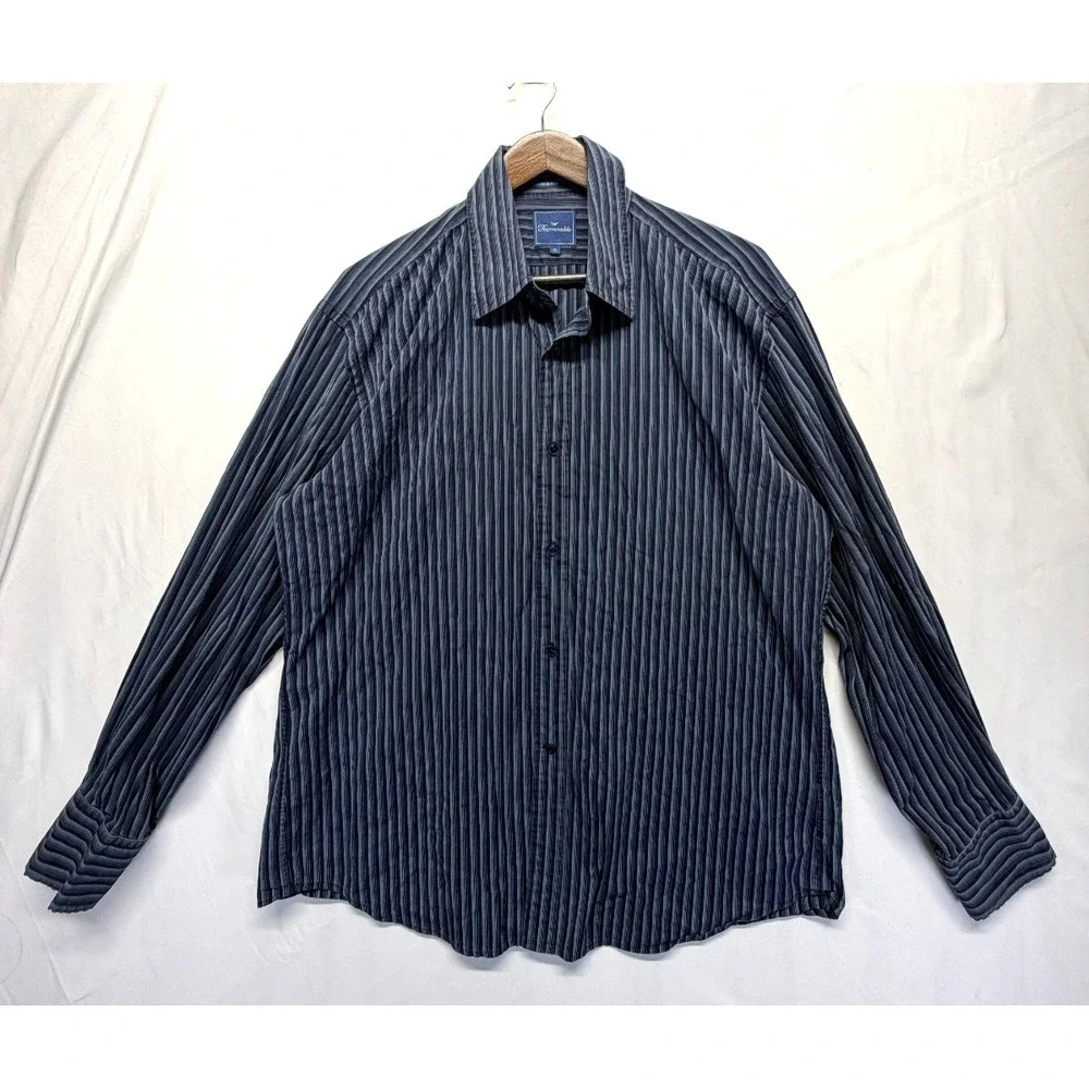 Façonnable Shirt Mens XL Navy Blue Striped Cotton Long Sleeve Collared Button Up